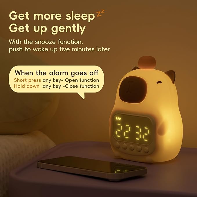 Capybara Alarm Clock with Night Light for Kids, Cute Toddler Alarm Clocks for Bedrooms Ok to Wake Clocks for Girls and Boys, Silicone Animal Tabletop Lamp for Kid, RGB Color-CubbioJoy