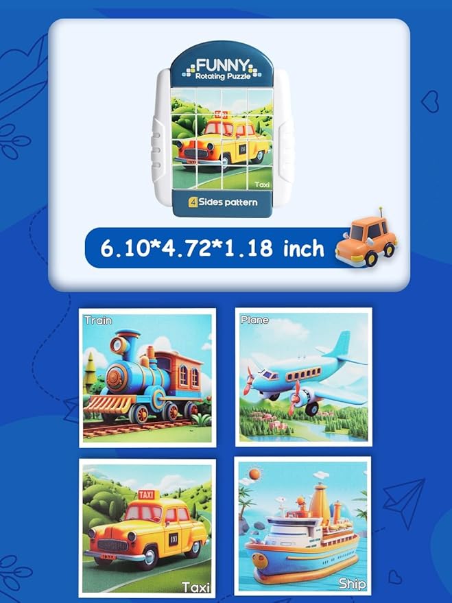 16-Piece Rotating Puzzles for Kids 4-6, Toddlers Puzzles 2-4, Road Trip, Airplane Activities Game, Travel Toys - Brain Teaser, Fine Motor Skills, Birthday Gifts Boys & Girls - Transportation-CubbioJoy