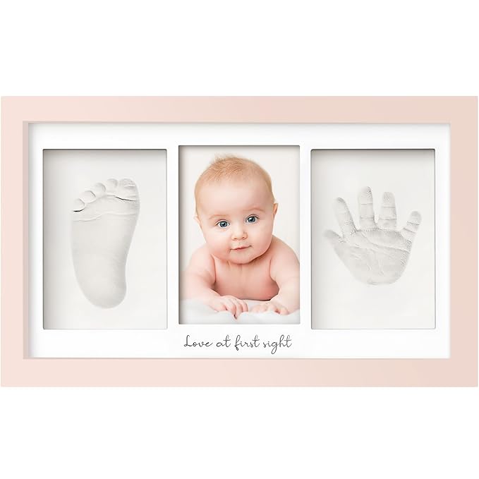 Baby Hand and Footprint Kit - Clay Handprint Keepsake Frame, Newborn Nursery Picture Frame, Personalized New Mom Gifts for Baby Shower & Registry (Petal Pink)-CubbioJoy