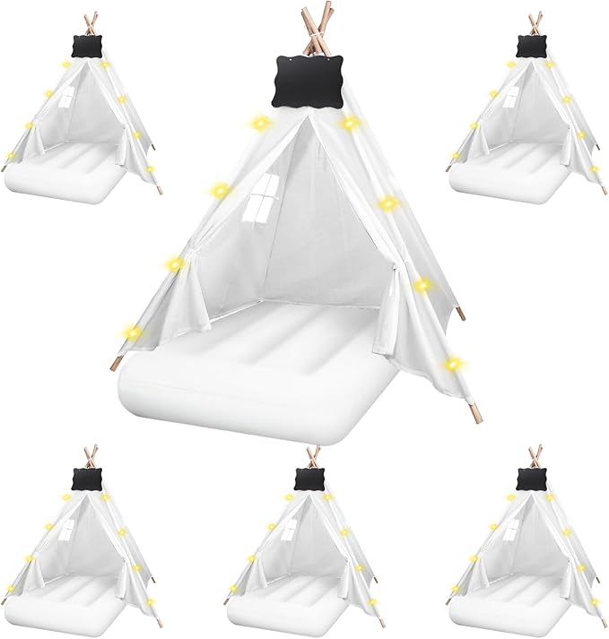 6 Pcs Kids Teepee Tent Bulk with Light String Inflatable Airbed Bedding Fitted Sheet and Markeable Small Blackboards for Boys Girls Indoor Outdoor Slumber Party (White)-CubbioJoy