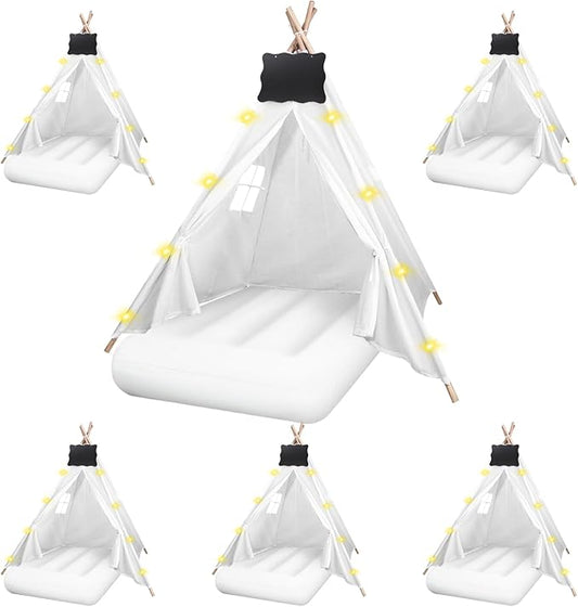 6 Pcs Kids Teepee Tent Bulk with Light String Inflatable Airbed Bedding Fitted Sheet and Markeable Small Blackboards for Boys Girls Indoor Outdoor Slumber Party (White)-CubbioJoy