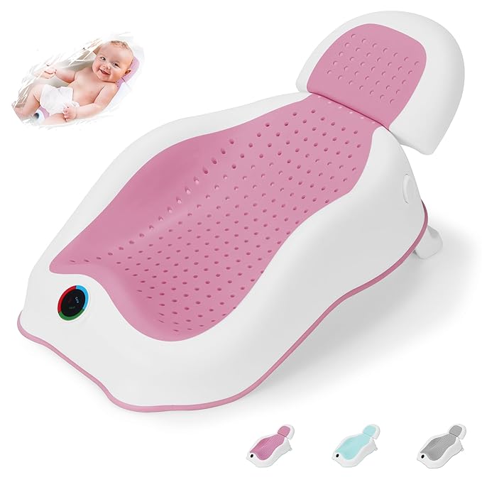 Baby Bath Support,Ideal for Babies Less Than 6 Months Old,with Thermometer-Adjustable Slope Newborn Bathtub, Baby tubs for Baby tubs for Newborn Essentials Must Haves (Pink)-CubbioJoy