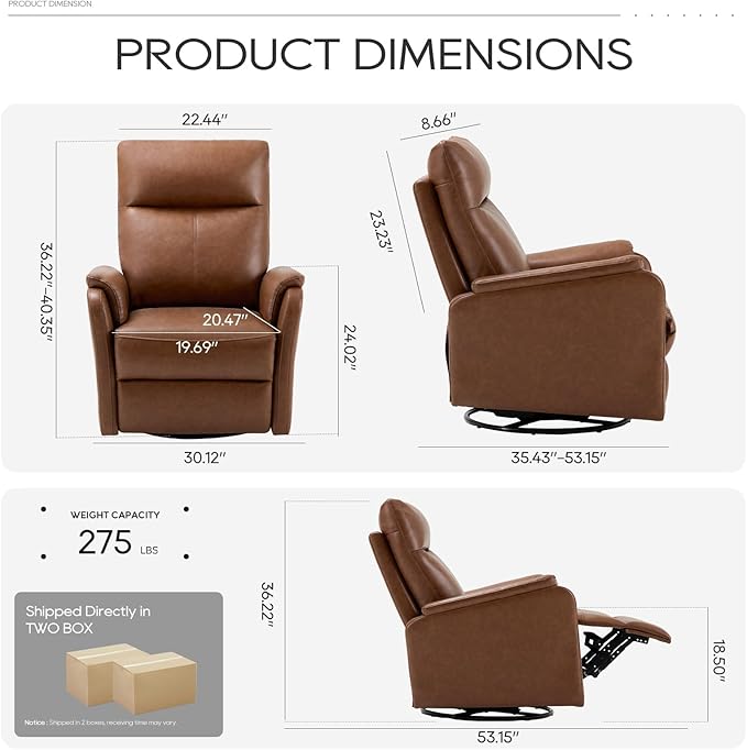 COLAMY Leather Swivel Recliner Chair with Footrest, Rocker Recliner High Back with Double-Layer Cushion, Glider Recliner for Nursery & Living Room, Bedroom, Cocoa-CubbioJoy