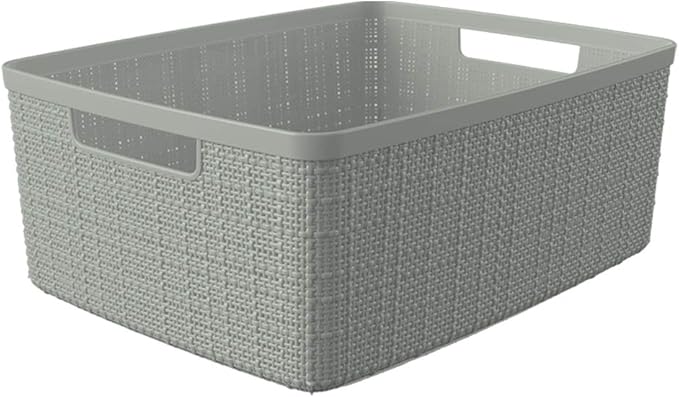 Curver Jute Decorative Plastic Organization and Storage Basket Perfect Bins for Home Office, Closet Shelves, Kitchen Pantry and All Bedroom Essentials, (Set of 6), Grey, Medium-CubbioJoy