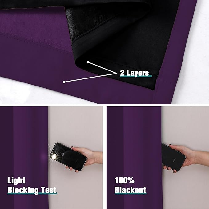 ChrisDowa 100% Blackout Curtains 90 inch Long for Bedroom with Black Liner, 2 Thick Layers Total Blackout Thermal Insulated Grommet Long Window Curtains 2 Panels Set (Royal Purple, 52 x 90 Inch)-CubbioJoy