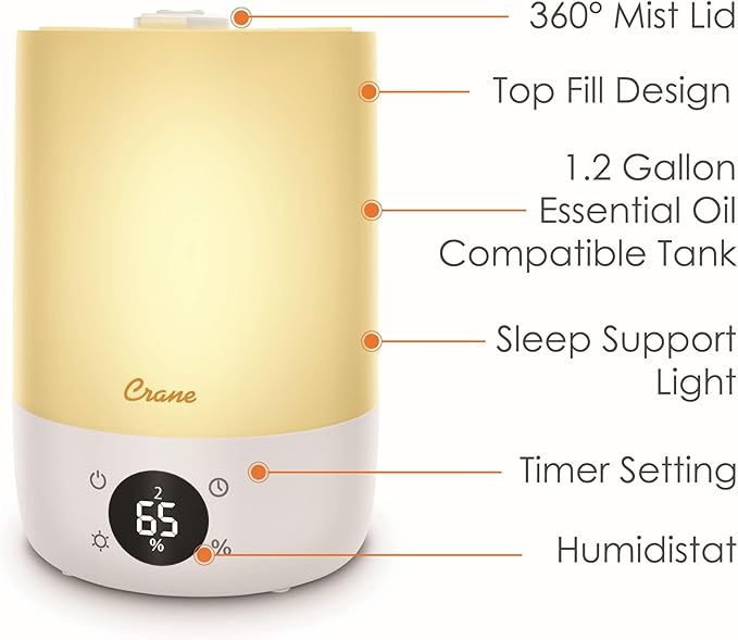 Crane Ultra-Quiet 3-in-1 Humidifier, Essential Oil Aroma Diffuser & Soothing Sleep Light - Compact 1.2 Gallon Capacity with Adjustable Night Light & Fragrance Tray - Ideal for Bedroom and Office-CubbioJoy