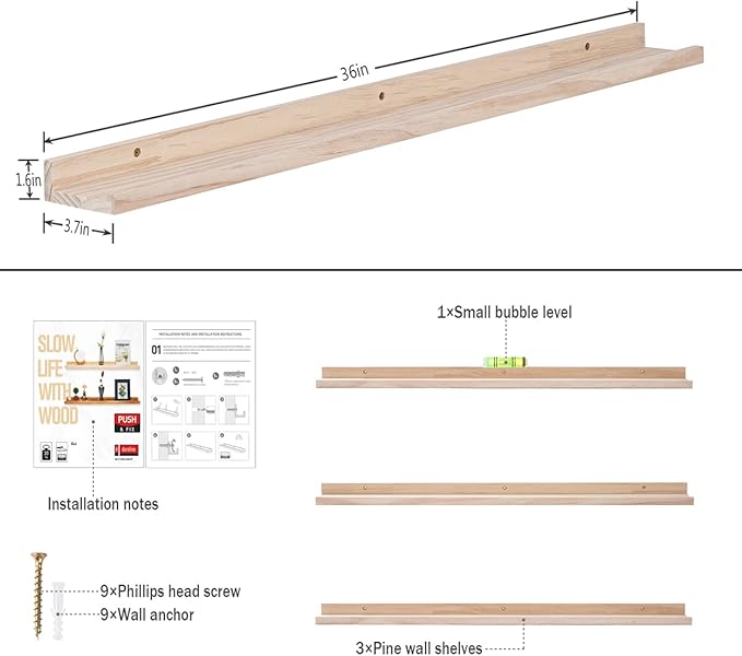 AZSKY 36 Inch Floating Shelves,Wall-Mounted Photo Ledge Shelves Set of 3,Natural Wood Shelves for Display Items What You Want,3 Same Sizes-CubbioJoy