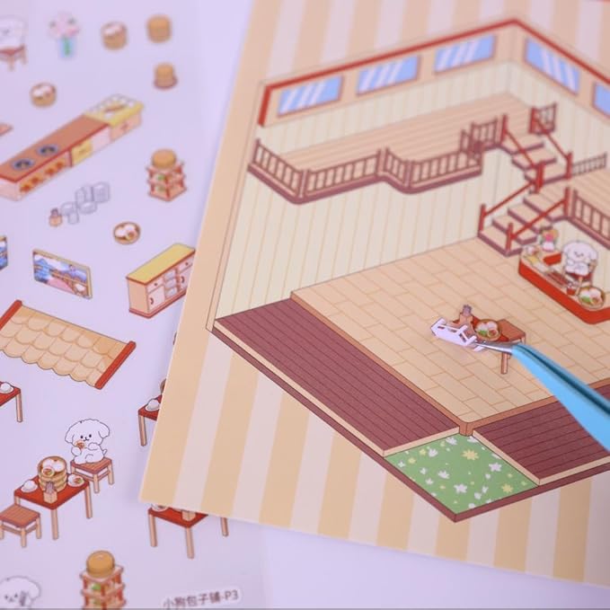 20 Sets DIY 3D Sticker Scenes for Adults with Tweezer, Kawaii 3D House Miniature Sticker Therapy, Make Your Own Mini Room Scene Collection Book for Adult Kids Relief Stress Pass The Time-CubbioJoy