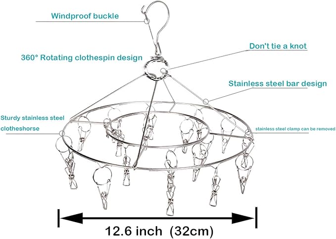 CenYouful Stainless Steel Round Hanging Drying Rack with 20 Clips for Drying Socks, Baby Clothes, Bras, Towel, Underwear, Hat, Scarf, Pants, Gloves-CubbioJoy