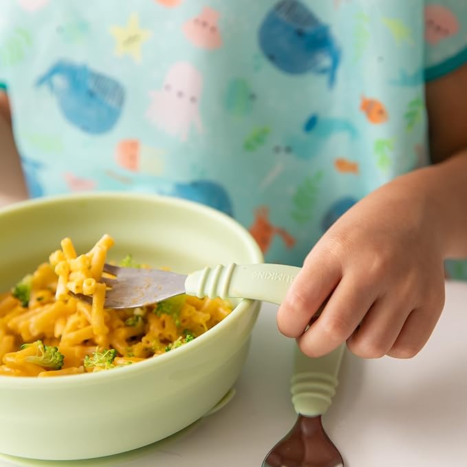 Bumkins Toddler Utensils, Kids Size Fork and Spoon Set, Silicone and Stainless-Steel Training Silverware, Angled Forks / Sporks for Self-Feeding, Children Hold Learning to Eat, 18 Mos Up, Sage Green-CubbioJoy