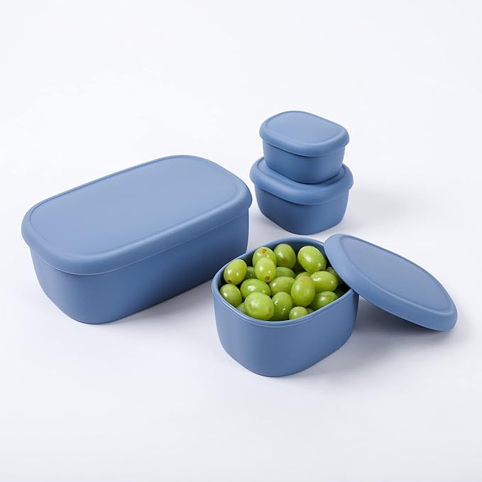 BLUE GINKGO Nesting Silicone Containers - Set of 3 Hard-Shell Silicone Food Storage Containers | BPA Free, Airtight, Dishwasher and Freezer Safe (6.7oz, 10oz, 20oz) - Blue-CubbioJoy