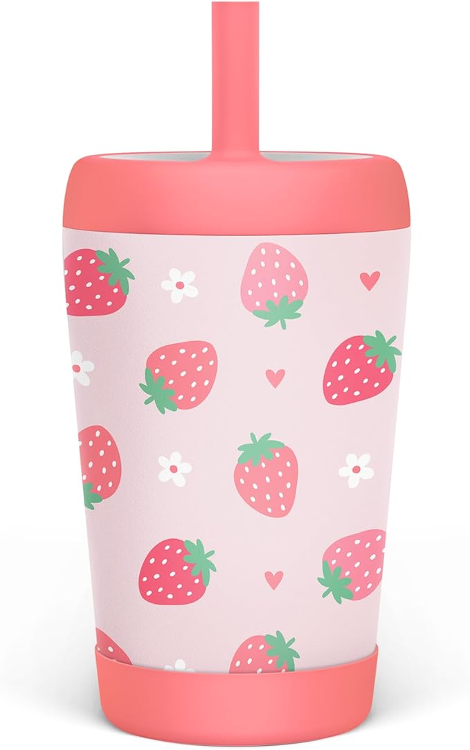 Kid Insulated Stainless Steel Tumbler with Silicone Straw, 12oz Sippy Cup for Kids (Strawberry)-CubbioJoy