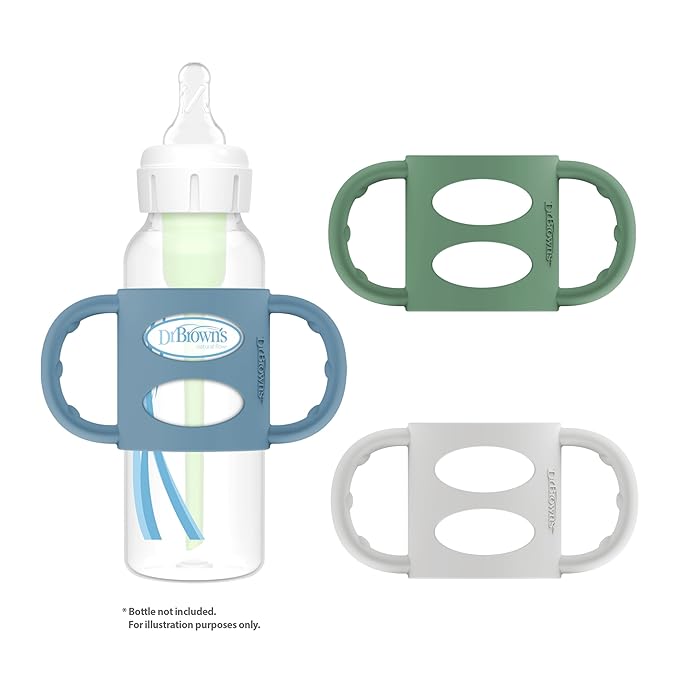 Dr. Brown's Narrow Baby Bottle Handles, 100% Silicone, Easy Grip Removable Handles for Bottle to Sippy Cup Transition, Blue/Gray/Green, 3-Pack, 4m+-CubbioJoy