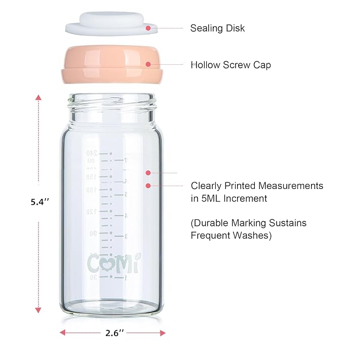 COMI Wide Neck Glass Breastmilk Collection n Storage Bottle, 8oz with Screw Ring Sealing Disk; Re-markable Sealing Disc. BPA Free, Fits Breast Pumps & Nipples (2 Pink Lids)-CubbioJoy