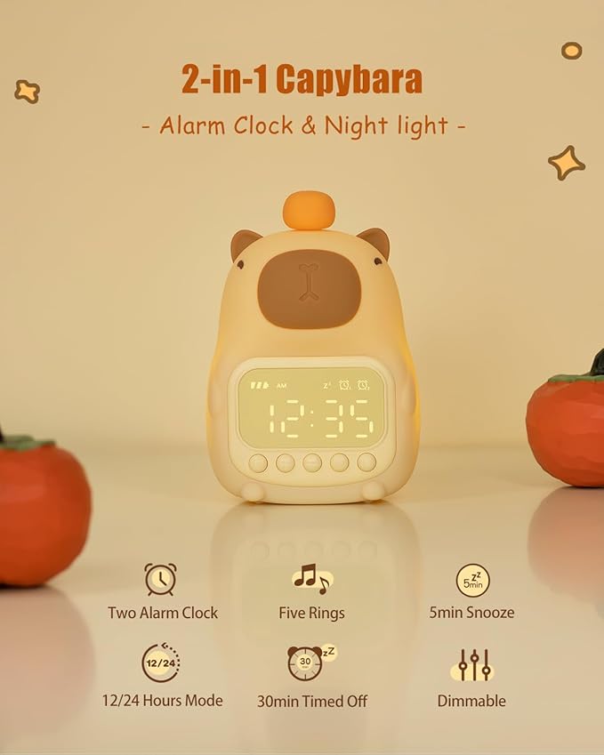 Capybara Alarm Clock with Night Light for Kids, Cute Toddler Alarm Clocks for Bedrooms Ok to Wake Clocks for Girls and Boys, Rechargeable Silicone Animal Tabletop Lamp for Kid-CubbioJoy
