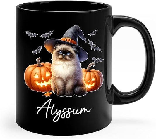 Customized Himalayan Wearing Witch Hat Mug with Name, Personalized Halloween Himalayan Ceramic Mug 11oz 15oz, Cat Pumpkins Black Coffee Cup, Halloween Cup Gift for Pet Lover Family Friend-CubbioJoy
