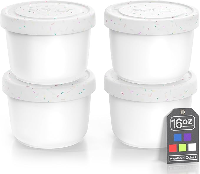 BALCI - 16oz Ice Cream Containers with Silicone Lids (Set of 4) - 1 Pint Each Freezer Food Storage Containers, Reusable, LeakProof, For Homemade IceCream Containers - White with Sprinkles-CubbioJoy