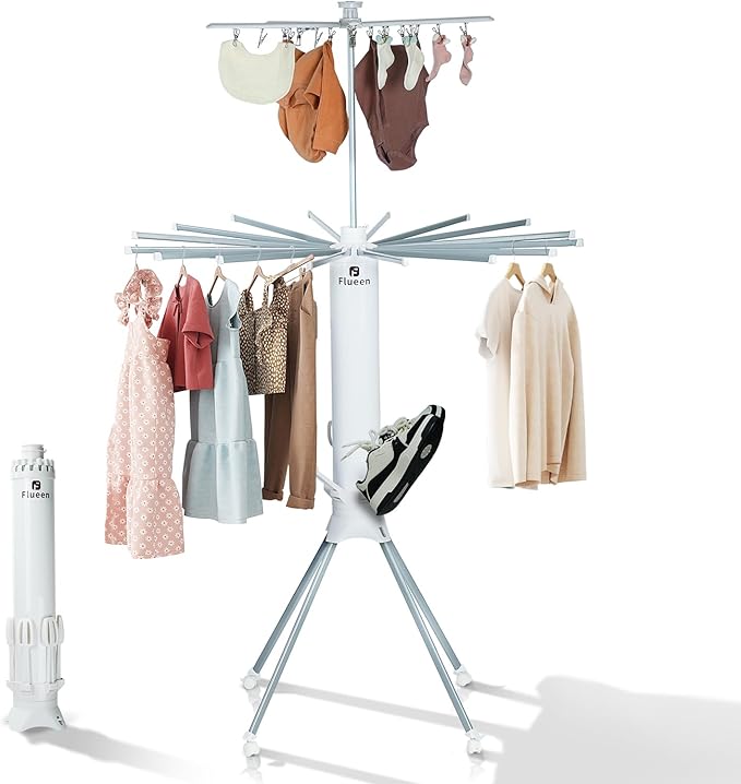 Clothes Drying Rack 2025 Upgrade 4-Legged 3-Tier Foldable Laundry Rack with 4 Pulleys 20 Clips,6 Shoe Dryers 16Drying Rods for Indoor/Outdoor, Camping, Poolside Space Saving, Whit-CubbioJoy
