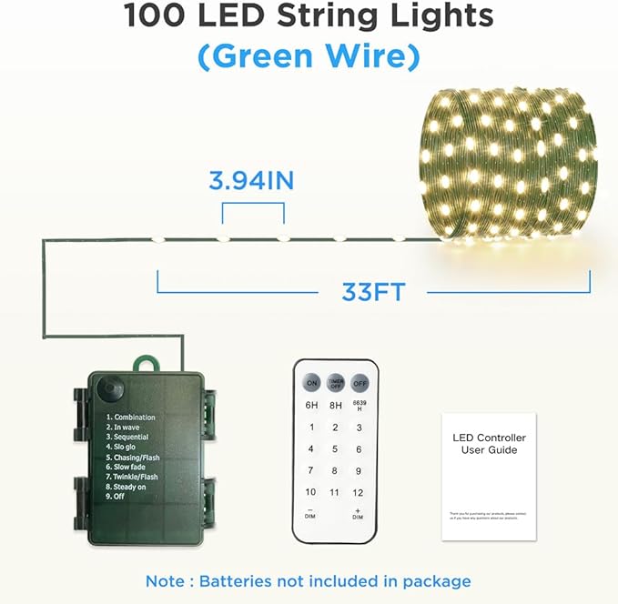 33ft Battery Operated String Lights, 100 LED Warm White & Multicolor Fairy String Lights Battery Powered w/Remote & Timer for Indoor Outdoor Christmas Trees Decoration Bedroom Patio-CubbioJoy