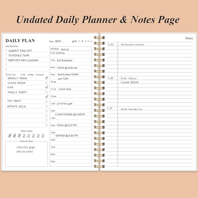 Daily Planner Undated - B5 To Do List Notebook Hourly Schedules, Spiral Appointment Planner for Women and Men, PVC Hardcover, Inner Pocket, Elastic Closure, 7" x 10", Rose Leaf-CubbioJoy