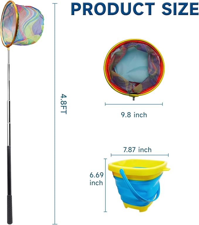 2PCS Fishing Net with Bucket, Telescopic Fishing Landing Net, Collapsible Kids Sand Bucket, Kids Fish Butterfly Catching for Freshwater Saltwater Outdoor Activities-CubbioJoy