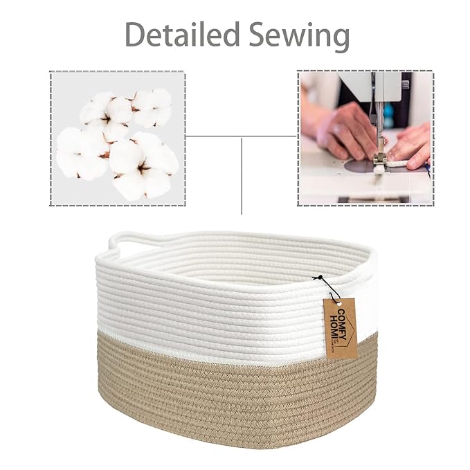 COMFY-HOMI Cotton Rope Woven Basket with Handles for Shelves,Toys,Book, Cloth Storage Baskets Bin for Organizing-13.5"x11"x9.5" Toy Decorative Organizer for Living Room, Bathroom-Light Brown-CubbioJoy