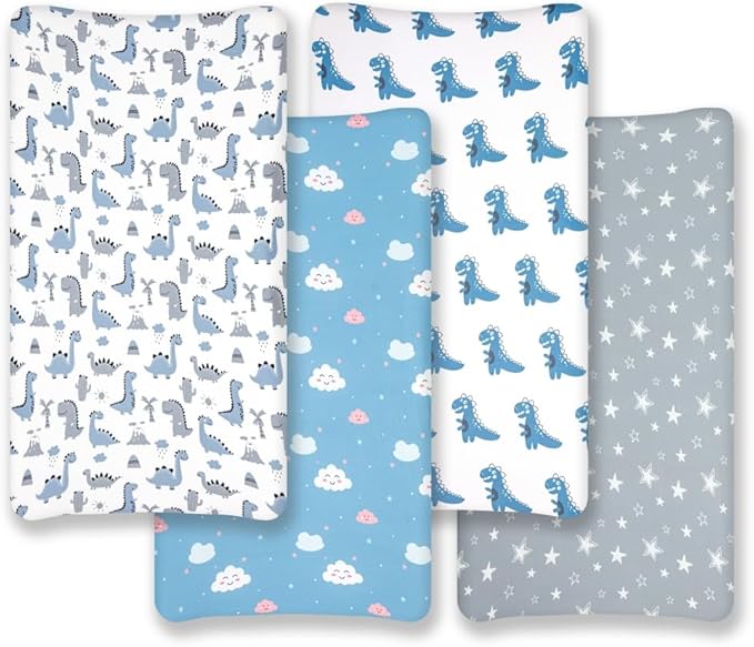 4 Pack Soft Baby Boy Sheets Dinosaur Star Cloud Soft Polyester Neutral Unisex Fitted Sheets Set for Baby Boys-CubbioJoy