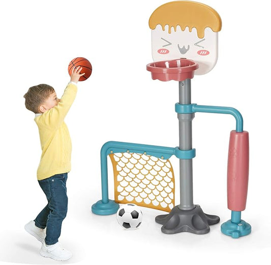 Costzon 3-in-1 Toddler Basketball Hoop & Soccer Goal Stand, Basketball Stand with Adjustable Height, Indoor & Outdoor Activity Center Basketball & Soccer for Kids-CubbioJoy