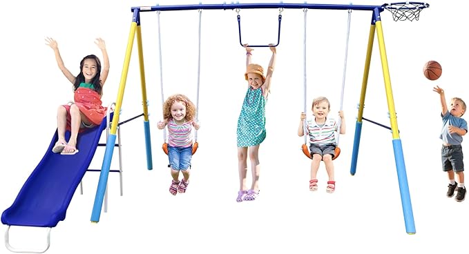 5-in-1 Backyard Swing Set for Kids Ages 3-8 | Outdoor Playset with Slide, 2 Safe Swing Seats, Basketball Hoop & Gymnastics Rings | Heavy-Duty HDPE & Steel Frame-CubbioJoy