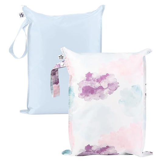 Tiny Twinkle Mess-Proof Waterproof Wet Dry Bag | 2-Pack Reusable Wet Bags for Swimsuits & Baby Clothes | Leakproof Wet Bag for Travel & Diaper Changes for Baby (Cotton Candy)-CubbioJoy