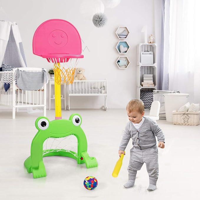 Costzon Toddler Basketball Hoop, 3-in-1 Sports Set for Basketball, Baseball & Football, 6 Height Adjustable Basketball Toy Activity Center for Indoor & Outdoor, Best Gift for Kids (Cute Frog)-CubbioJoy