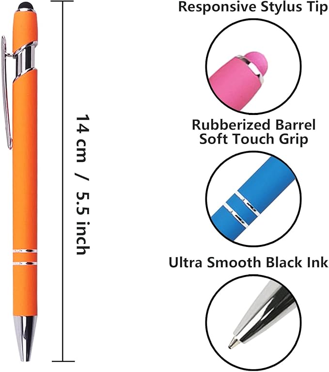 Ballpoint Pen with Stylus Tip, Soft Touch Click Metal Pen, 1.0mm Medium Point, Black Ink, 12 Count(Orange)-CubbioJoy