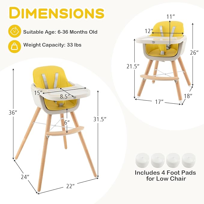 BABY JOY Convertible Baby High Chair, 3 in 1 Wooden Highchair/Booster/Chair with Removable Tray, Adjustable Legs, 5-Point Harness, PU Cushion and Footrest for Baby, Infants, Toddlers (Yellow)-CubbioJoy