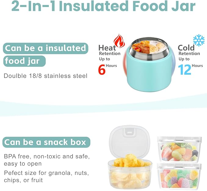 2-in-1 Insulated Food Jar & Snack Container - 15oz Kids Soup Thermos for Hot Food with Handle and Spoon, Leak Proof Reusable Toddler Snack Box, Perfect for School & Travel, Tiffany Blue-CubbioJoy
