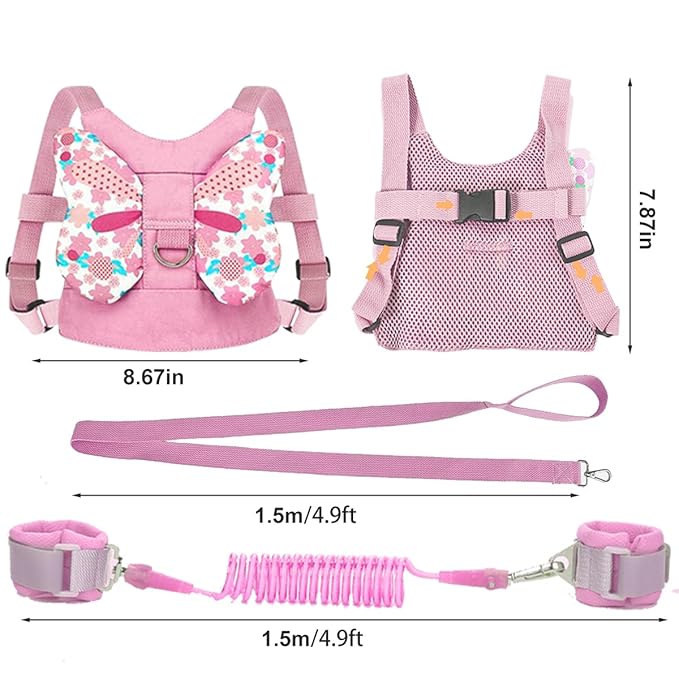 Anti Lost Toddler Harness - Butterfly Baby Leash and Wrist Link with Lock, Child Walking Harness Assistant for Girls, Cute Traction Safety Leash for Kids, Holiday Travel Christmas Gift, Pink-CubbioJoy
