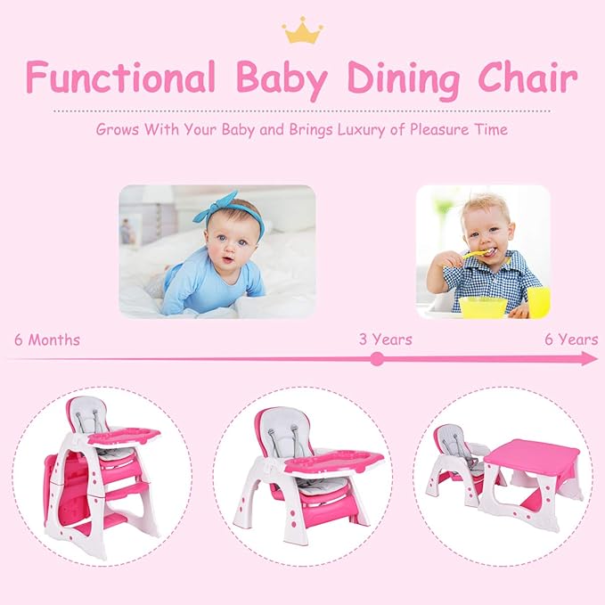 Costzon Baby High Chair, 3 in 1 Infant Table and Chair Set, Convertible Booster Seat with 3-Position Adjustable Feeding Tray, Adjustable Seat Back, 5-Point Harness (Pink)-CubbioJoy