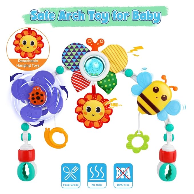 Baby Stroller Arch Toys,Adjustable Crib Mobile for Bassinet with Sensory Play Accessories and Hanging Toys,Baby Travel Car Seat Toys for Toddler Boy Girl 0 3 6 9 12 24 Months-CubbioJoy