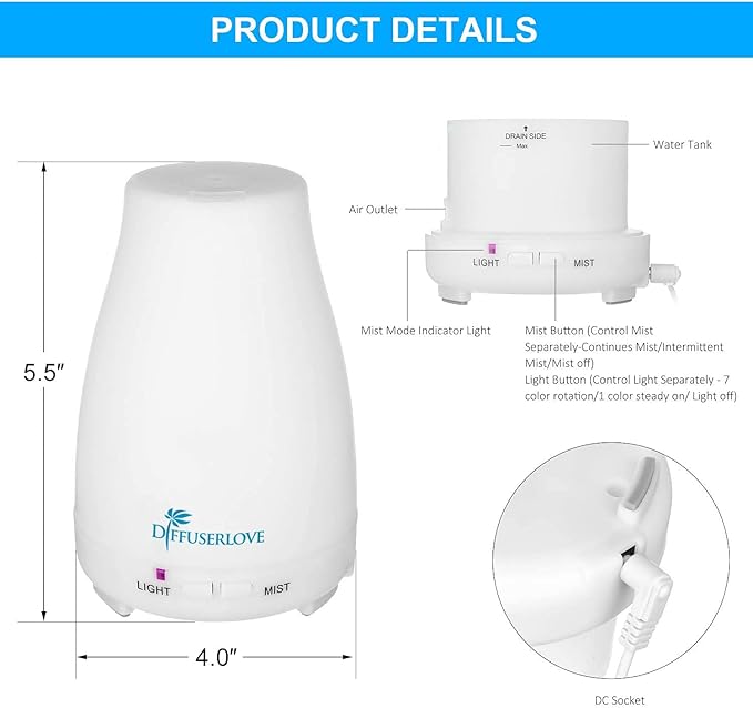 Diffuserlove 2 Pack 200ml Essential Oil Diffuser Ultrasonic Aromatherapy Diffuser Cool Mist Humidifiers with 7 Color LED Lights & Waterless Auto Shut-Off for Home Office Kitchen Bedroom-CubbioJoy