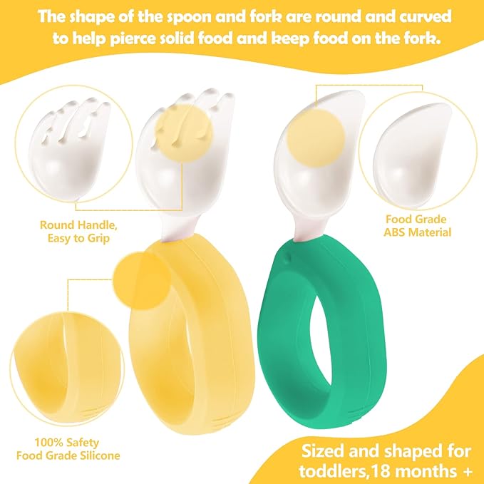 Baby Self Feeding Training Spoon and Fork Set with Travel Case, BPA-Free Cute Circle Toddler Training Utensils, Silicone/ABS Great Tableware Set Spoons Fork for Kids(Deep Green & Light Yellow)-CubbioJoy
