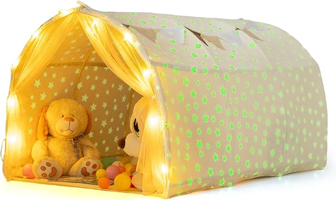 INFANS Kids Bed Tent with Glow in The Dark, Portable Children Playhouse Privacy Space Twin with Mat Star Light Double Net Curtain, Indoor Outdoor Princess Tents Castle for Boys Girls-CubbioJoy