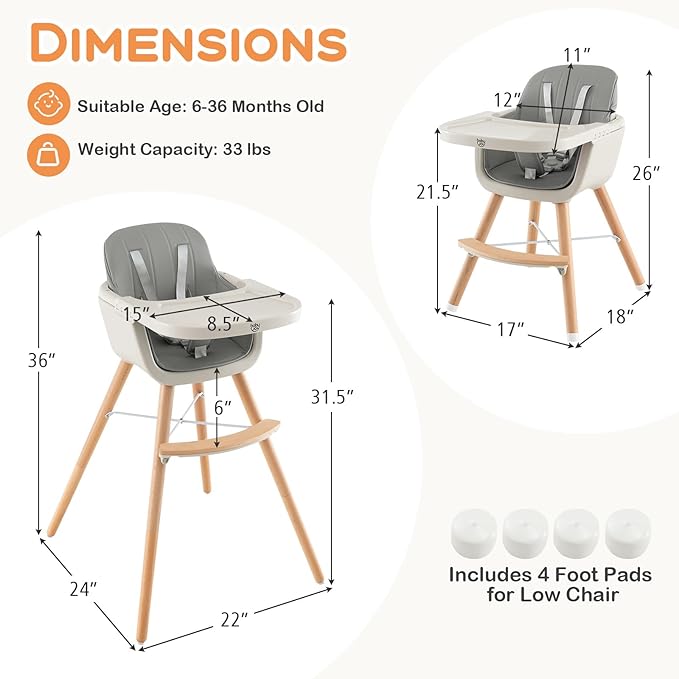 BABY JOY Convertible Baby High Chair, 3 in 1 Wooden Highchair/Booster/Chair with Removable Tray, Adjustable Legs, 5-Point Harness, PU Cushion and Footrest for Baby, Infants, Toddlers (Gray)-CubbioJoy
