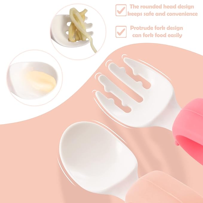 Baby Self Feeding Training Spoon and Fork Set with Travel Case, BPA-Free Cute Circle Toddler Training Utensils, Silicone/ABS Great Tableware Set Spoons Fork for Kids (Pink& Light Pink)-CubbioJoy