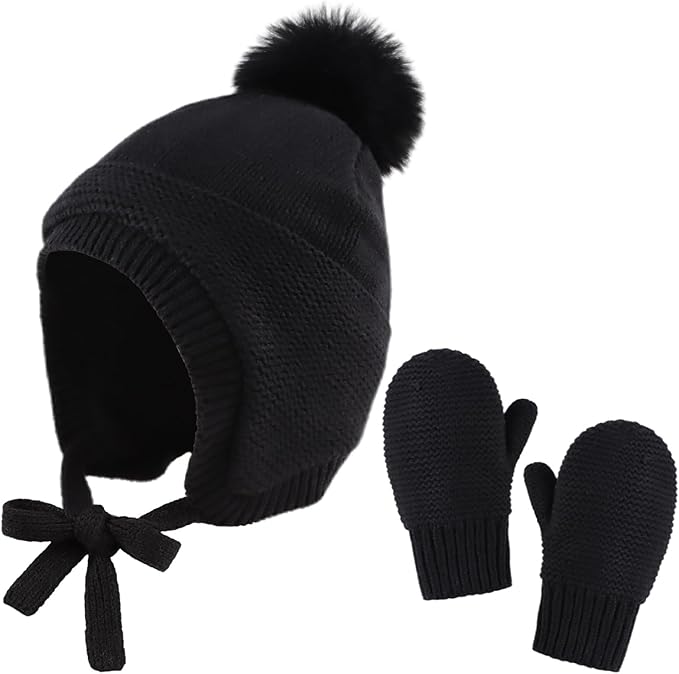 Basic Winter Baby Beanie Gloves Boys Girls Knitted Hat Pompom Kids Earflap Hats Warm Infant Toddler Beanie Mittens Set-CubbioJoy