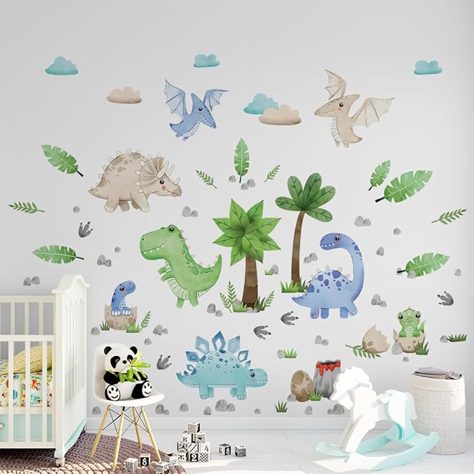 Dinosaur Wall Decals by Lipastick - Peel and Stick Palm Tree Dino Jurassic-Themed Stickers for Baby Nursery, Kids Room, Toddler Bedroom, Playroom, Daycare, Classroom Decor -S Size-CubbioJoy