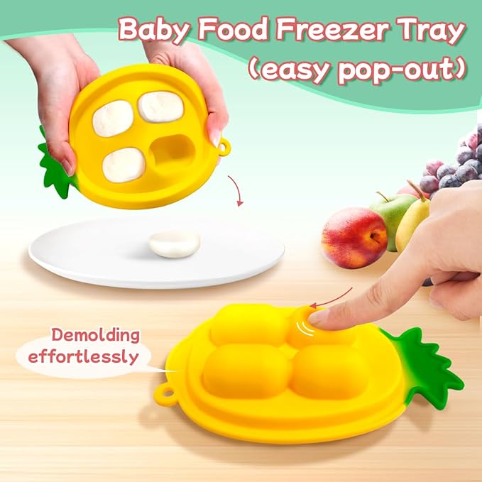 Baby Fruit Food Feeder - Silicone Nibble Tray Combo - Breastmilk Popsicle Mold for Cooling Relief, BPA Free Mesh Feeder for Infant Self Feeding (Robot Pink + Pineapple)-CubbioJoy