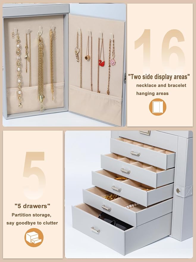 BOOVO Jewelry Box For women, 6 Layer Large Jewelry Organizer With Mirror, Multi-Function Storage Box With Lock, Necklace Holder With 5 Drawers, For Earrings Necklace Bracelet (Silver and Grey)-CubbioJoy