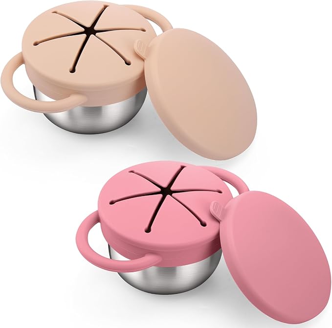 BUSOHA 2 Pack Stainless Steel Toddler Snack Cups - 9 OZ Spill-Proof Baby Snack Containers with Silicone Catcher and Lid Travel Snack Containers for Kids Dishwasher Safe Food Grade Silicone-CubbioJoy