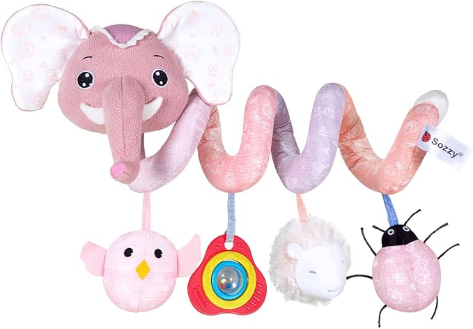 Jollybaby Baby Car Seat Stroller Toys, Plush Activity Hanging Spiral Activity Pram Crib with Music Box, Rattles, Squeaker for Babies Infant Boys Girls(SZ Pink Elephant)-CubbioJoy