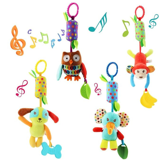 4 PCS Baby Soft Hanging Rattle Crinkle Squeaky Toy - Baby Toys for 0 3 6 9 to 1 Animal Ring Plush Stroller Infant Car Bed Crib Travel Activity Hanging Wind Chime with Teether for Boys Present-CubbioJoy