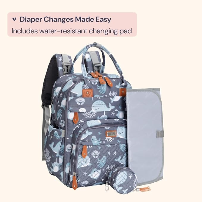 BabbleRoo Diaper Bag Backpack - Baby Essentials Travel Tote - Multi Function Waterproof Diaper Bag, Travel Essentials Baby Bag with Changing Pad, Stroller Straps & Pacifier Case - Unisex, Sea Animals-CubbioJoy
